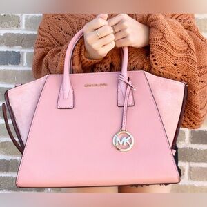 Michael Kors Avril Large Satchel Leather and Suede in Sunset Rose